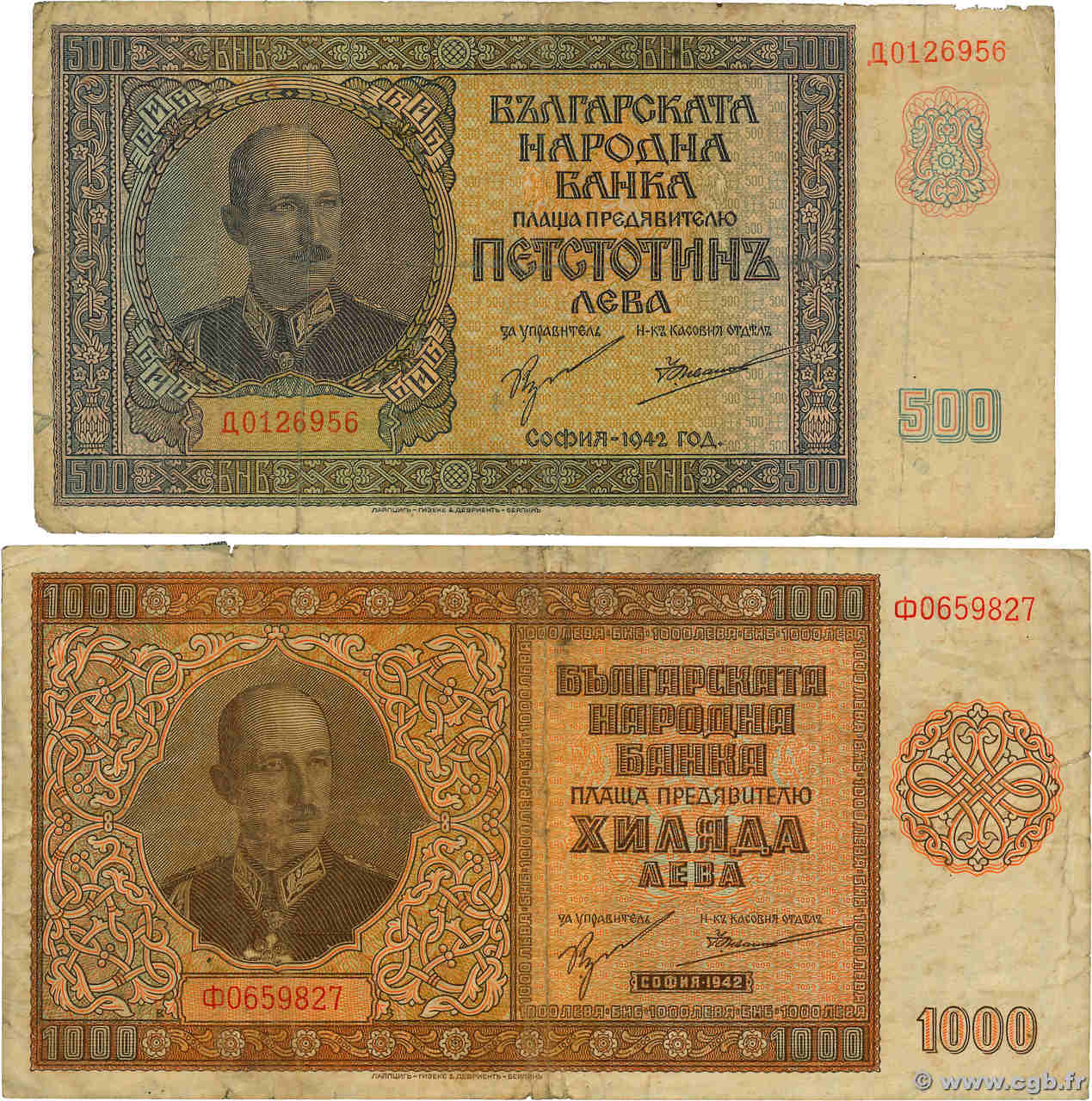 500 et 1000 Leva Lot BULGARIA  1942 P.060a et P.061a q.MB