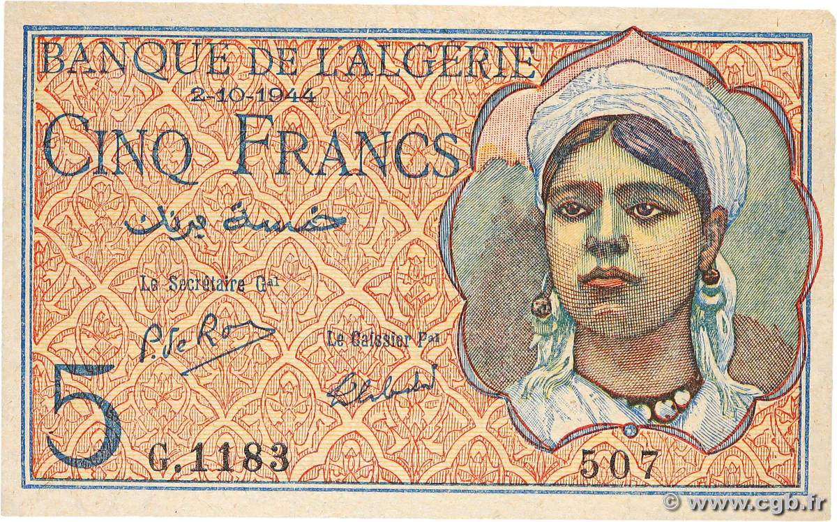 5 Francs ALGÉRIE  1944 P.094b pr.NEUF