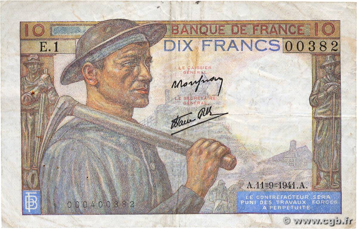 10 Francs MINEUR FRANCE  1941 F.08.01 TB