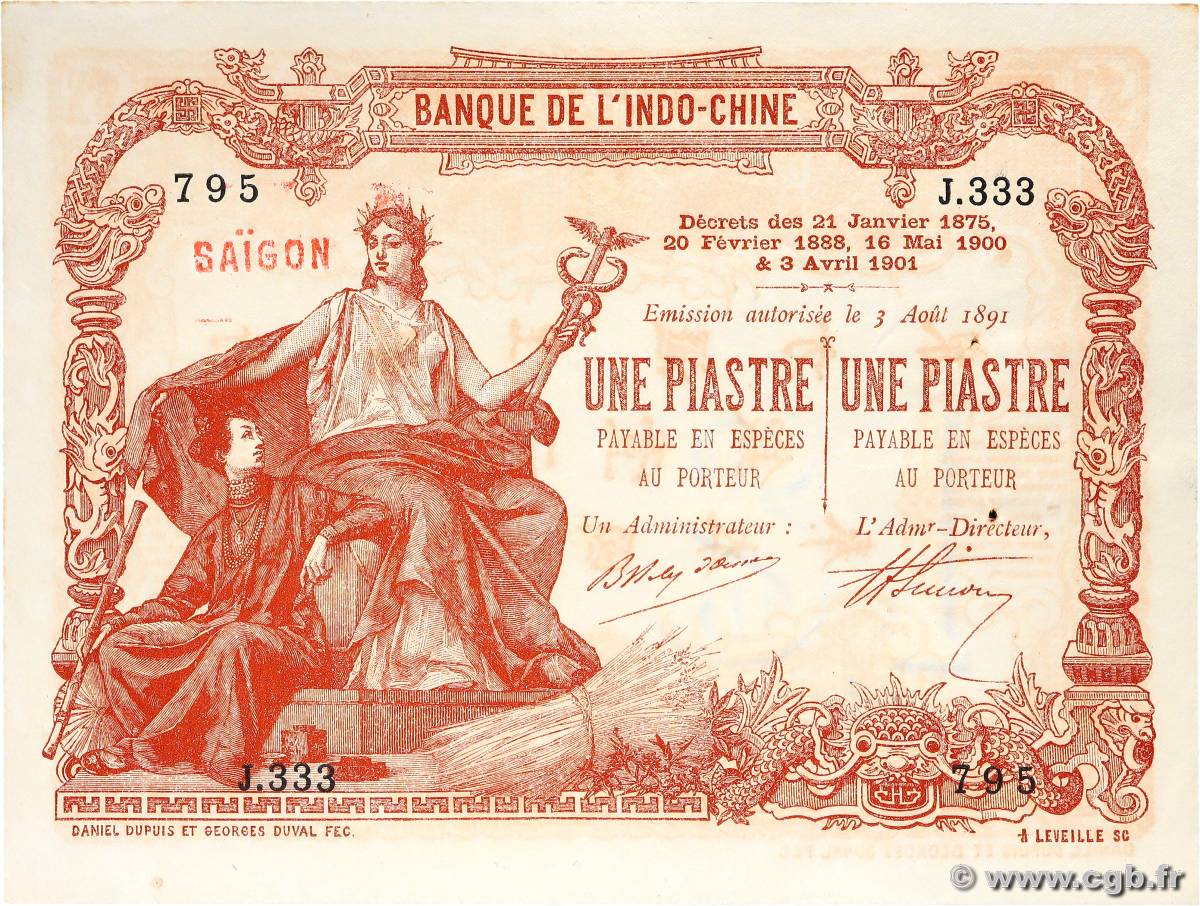 1 Piastre - 1 Piastre FRENCH INDOCHINA Saïgon 1909 P.034b AU