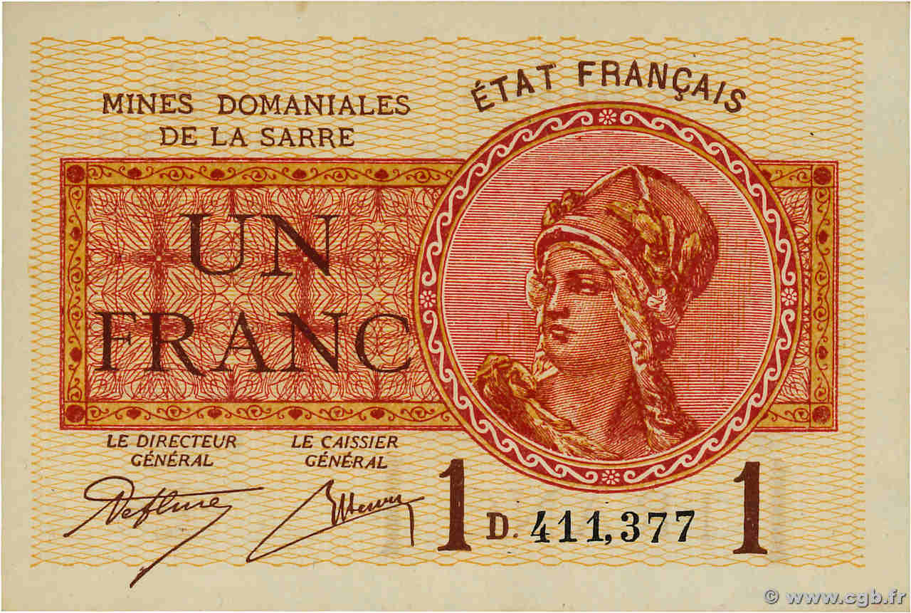 1 Franc MINES DOMANIALES DE LA SARRE FRANCE  1920 VF.51.04 pr.NEUF