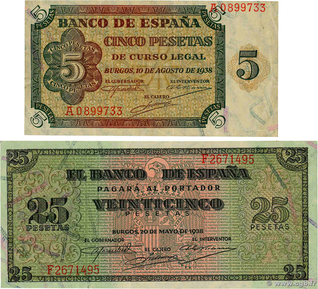 5 et 25 Pesetas Lot ESPAGNE  1938 P.110 et 111 SPL