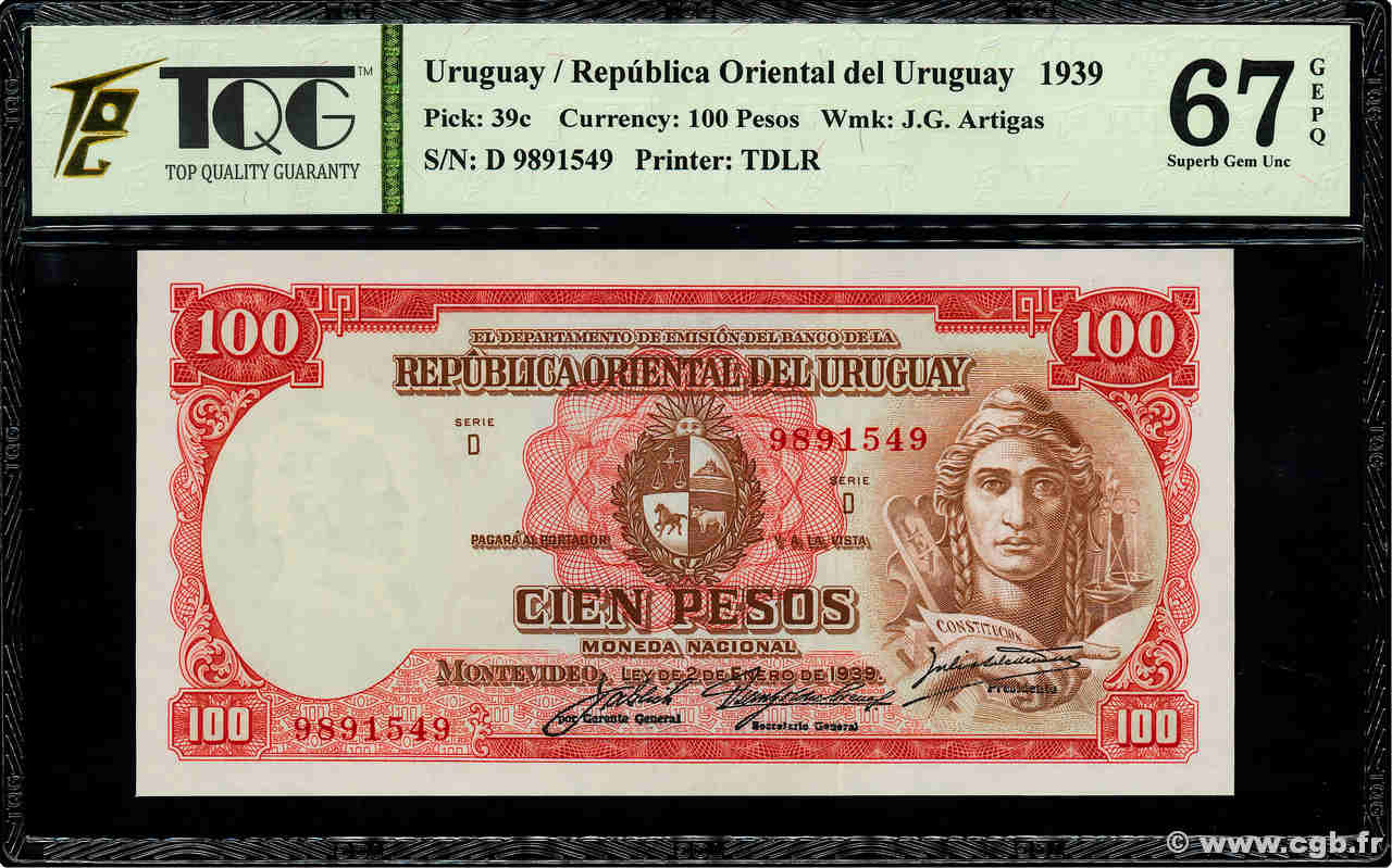 100 Pesos URUGUAY  1939 P.039c UNC