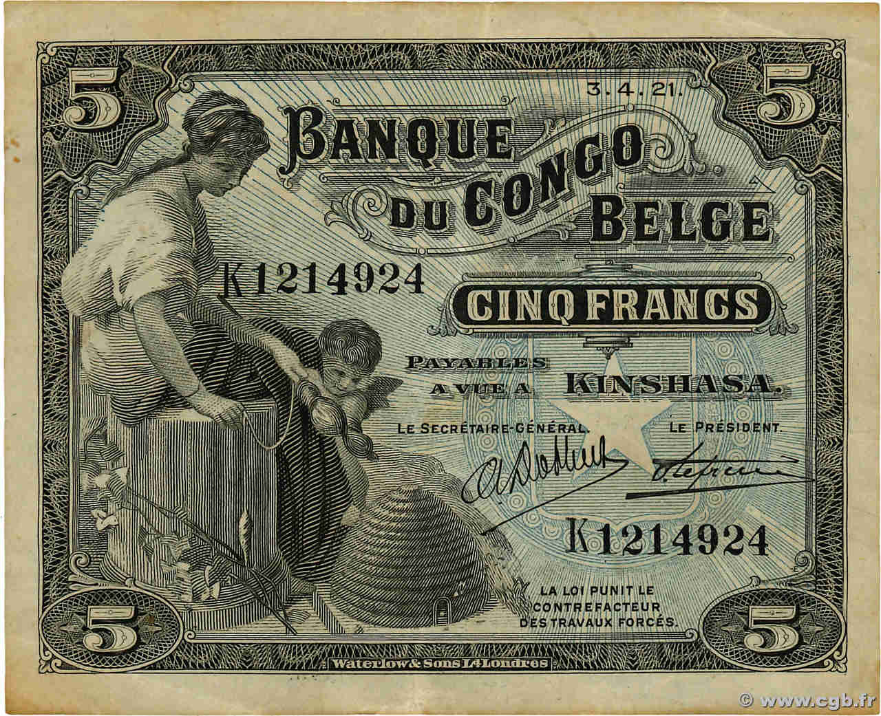 5 Francs BELGA CONGO Kinshasa 1921 P.04A MBC