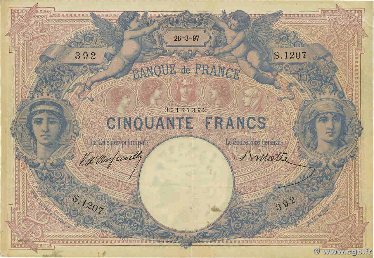 50 Francs BLEU ET ROSE FRANCE  1897 F.14.09 VF