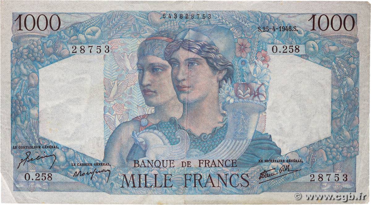 1000 Francs MINERVE ET HERCULE FRANCE  1946 F.41.13 VF