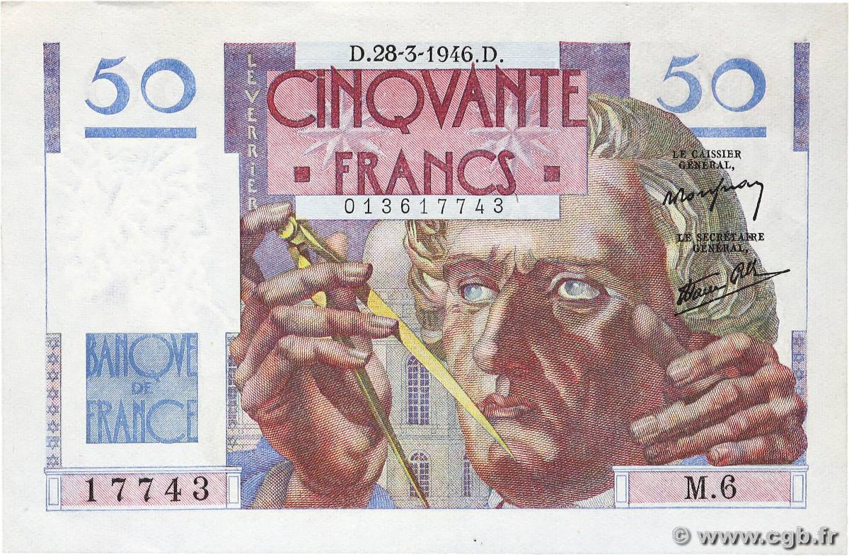 50 Francs LE VERRIER FRANCE  1946 F.20.02 XF+