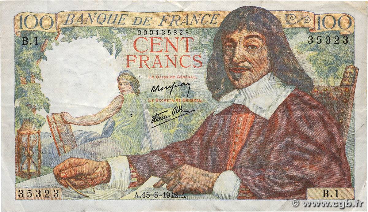 100 Francs DESCARTES FRANCE  1942 F.27.01 F+