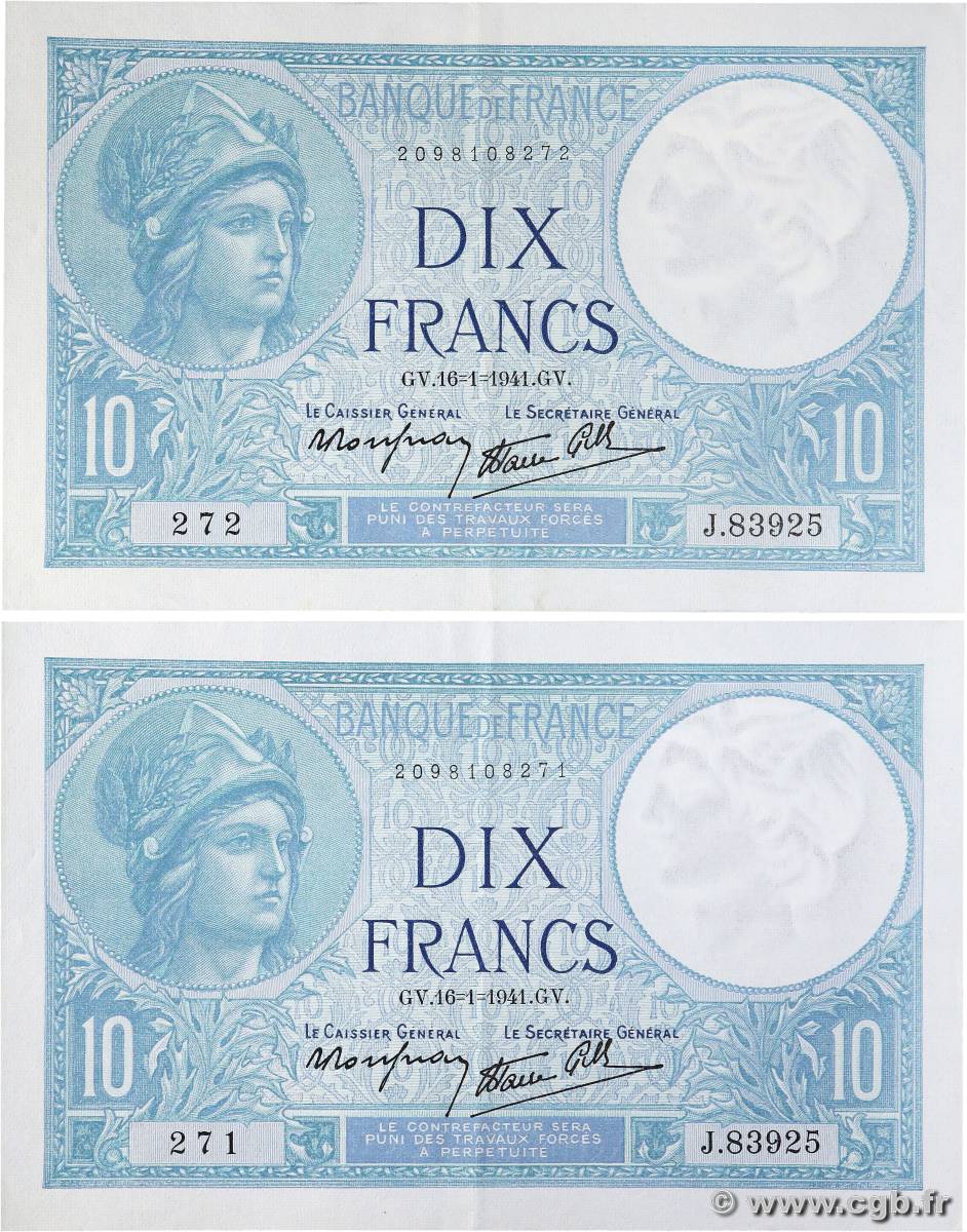 10 Francs MINERVE modifié Consécutifs FRANCE  1941 F.07.28 XF