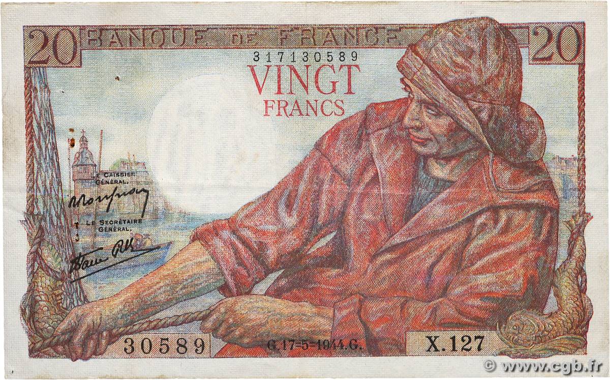 20 Francs PÊCHEUR FRANCE  1944 F.13.09 VF