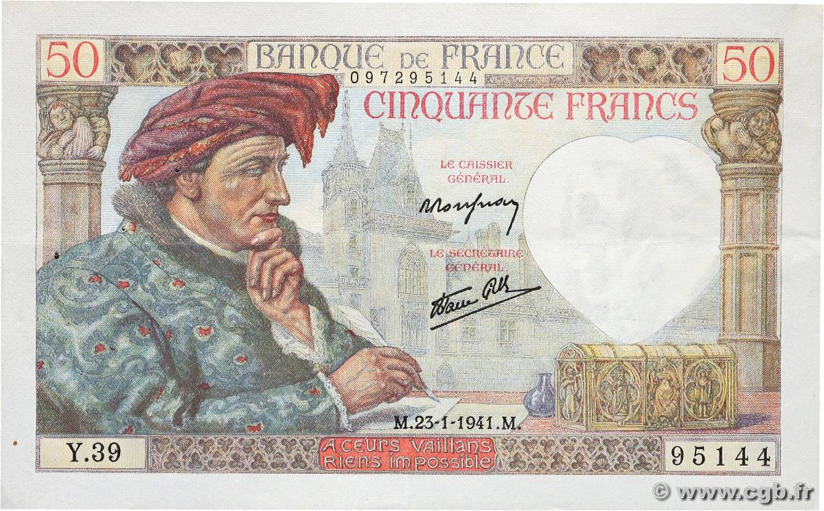 50 Francs JACQUES CŒUR FRANCE  1941 F.19.05 XF