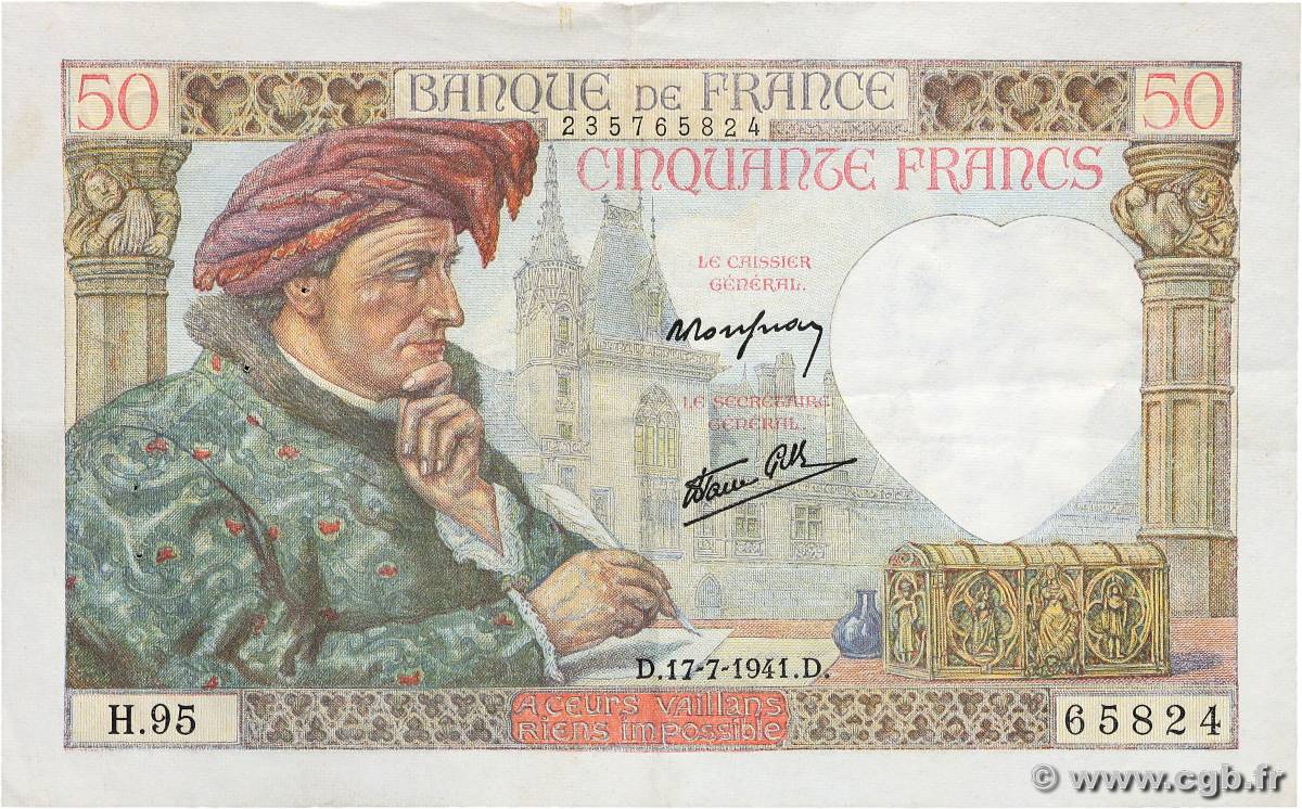 50 Francs JACQUES CŒUR FRANCE  1941 F.19.12 VF+