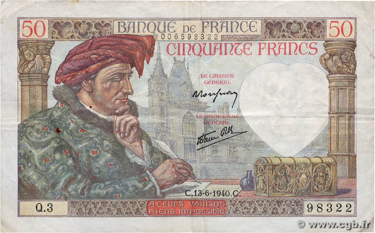 50 Francs JACQUES CŒUR FRANCIA  1940 F.19.01 MB