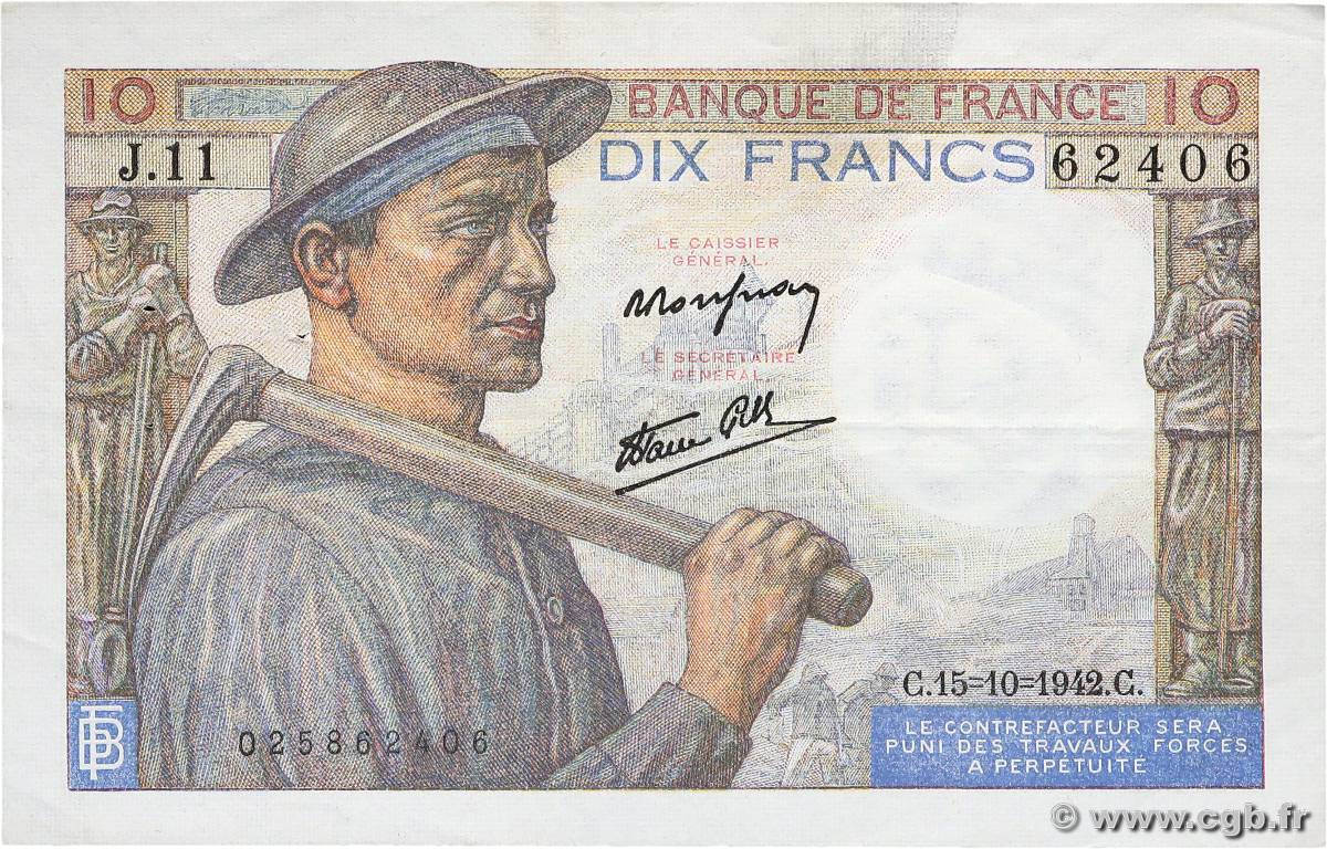 10 Francs MINEUR FRANCE  1942 F.08.04 VF