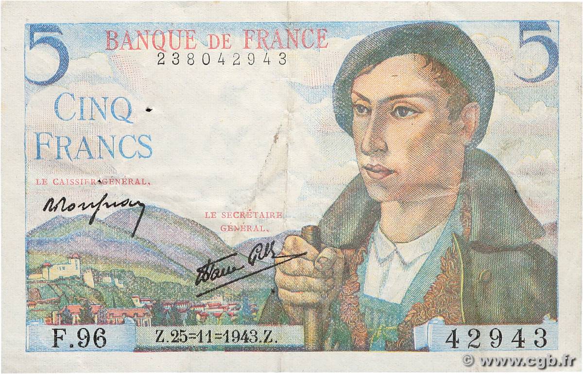 5 Francs BERGER FRANCE  1943 F.05.04 VF