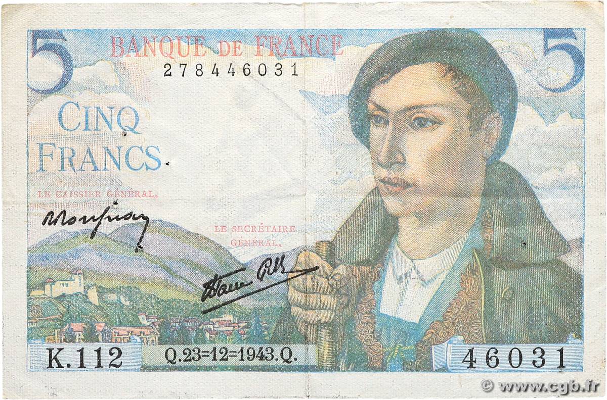 5 Francs BERGER FRANCE  1943 F.05.05 VF