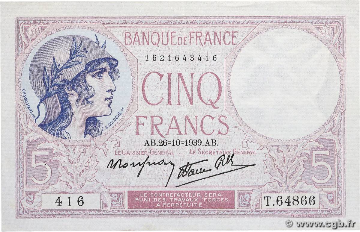 5 Francs FEMME CASQUÉE modifié FRANCE  1939 F.04.13 XF