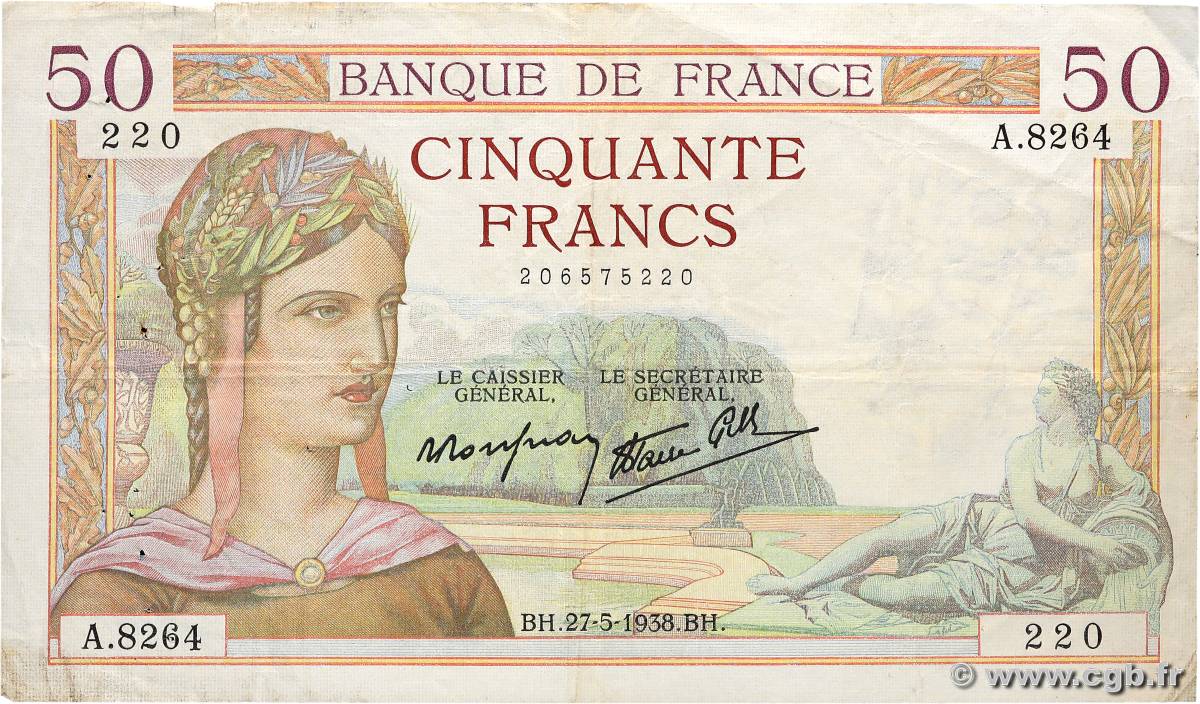 50 Francs CÉRÈS modifié FRANCE  1938 F.18.13 F