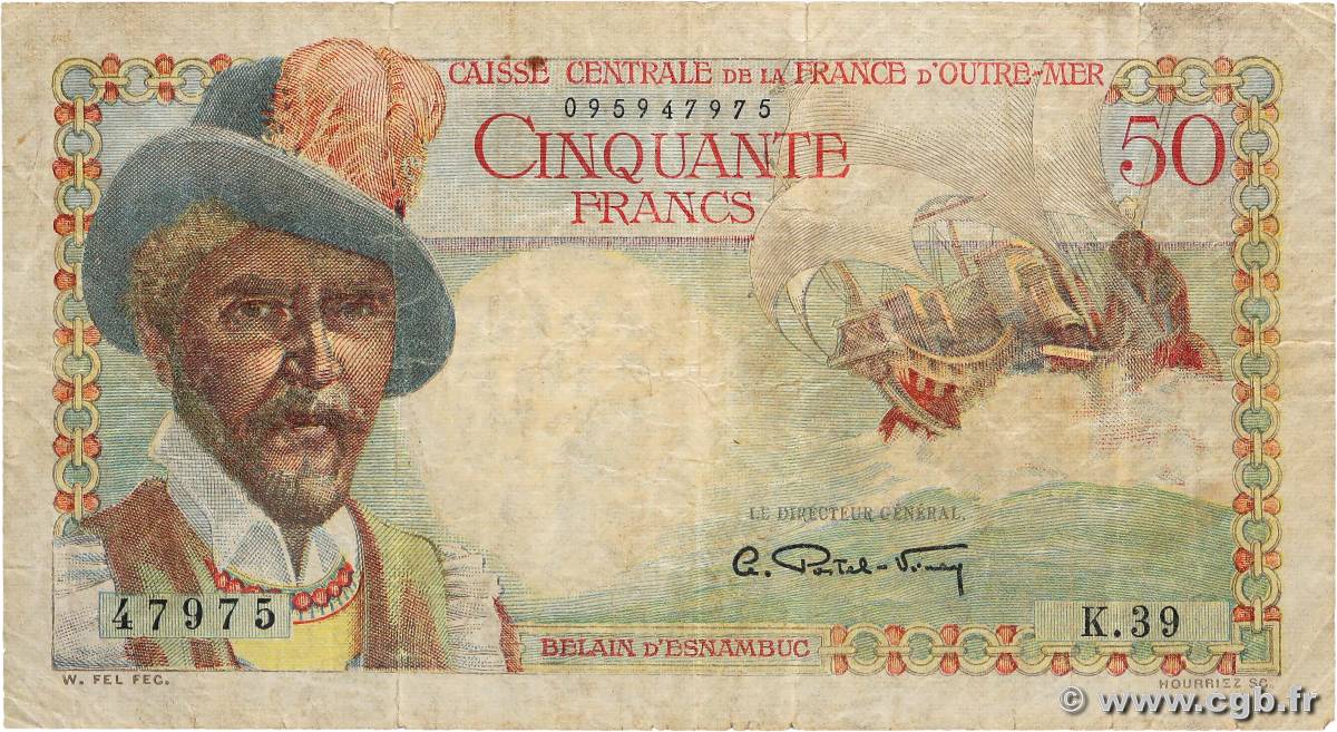 50 Francs Belain d Esnambuc AFRIQUE ÉQUATORIALE FRANÇAISE  1946 P.23 VG