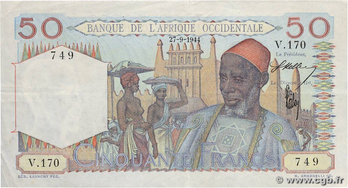 50 Francs FRENCH WEST AFRICA  1944 P.39 fVZ