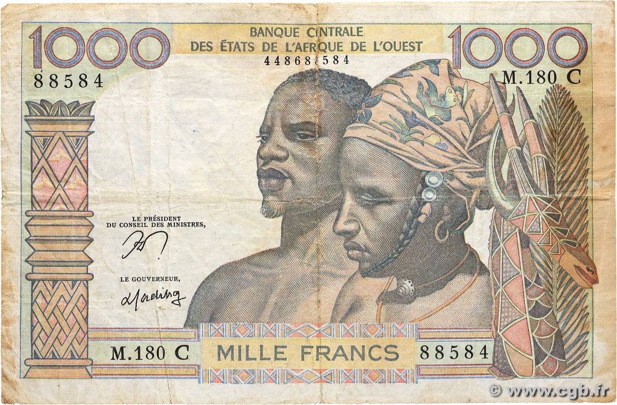 1000 Francs WEST AFRICAN STATES  1977 P.303Cn VG