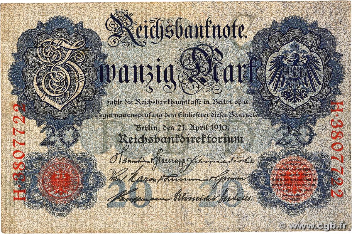 20 Mark GERMANY  1910 P.040b F+