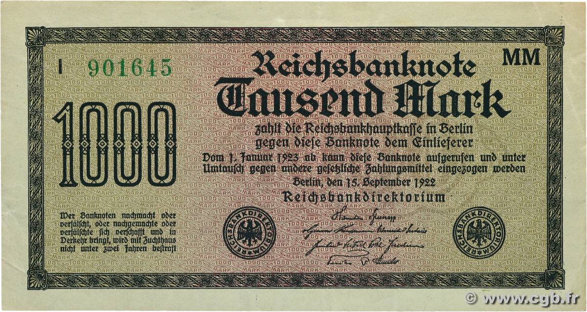 1000 Mark GERMANY  1922 P.076h XF