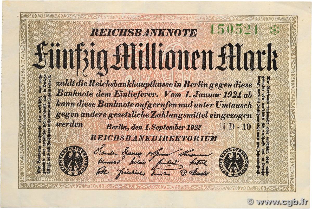 50 Millions Mark GERMANY  1923 P.109e AU+