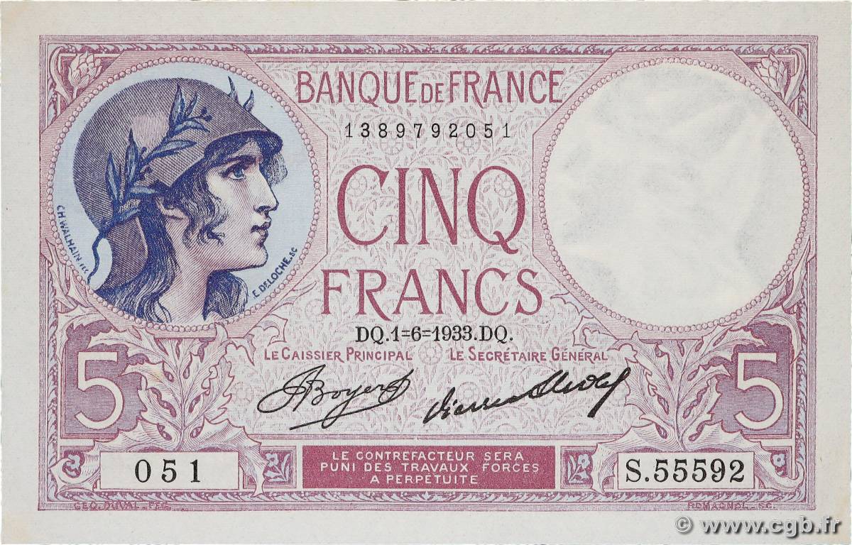 5 Francs FEMME CASQUÉE FRANCE  1933 F.03.17 UNC-