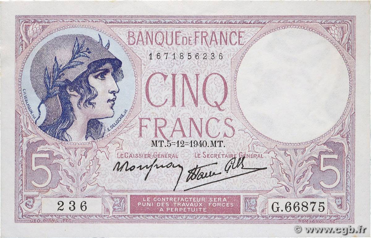 5 Francs FEMME CASQUÉE modifié FRANKREICH  1940 F.04.16 fST