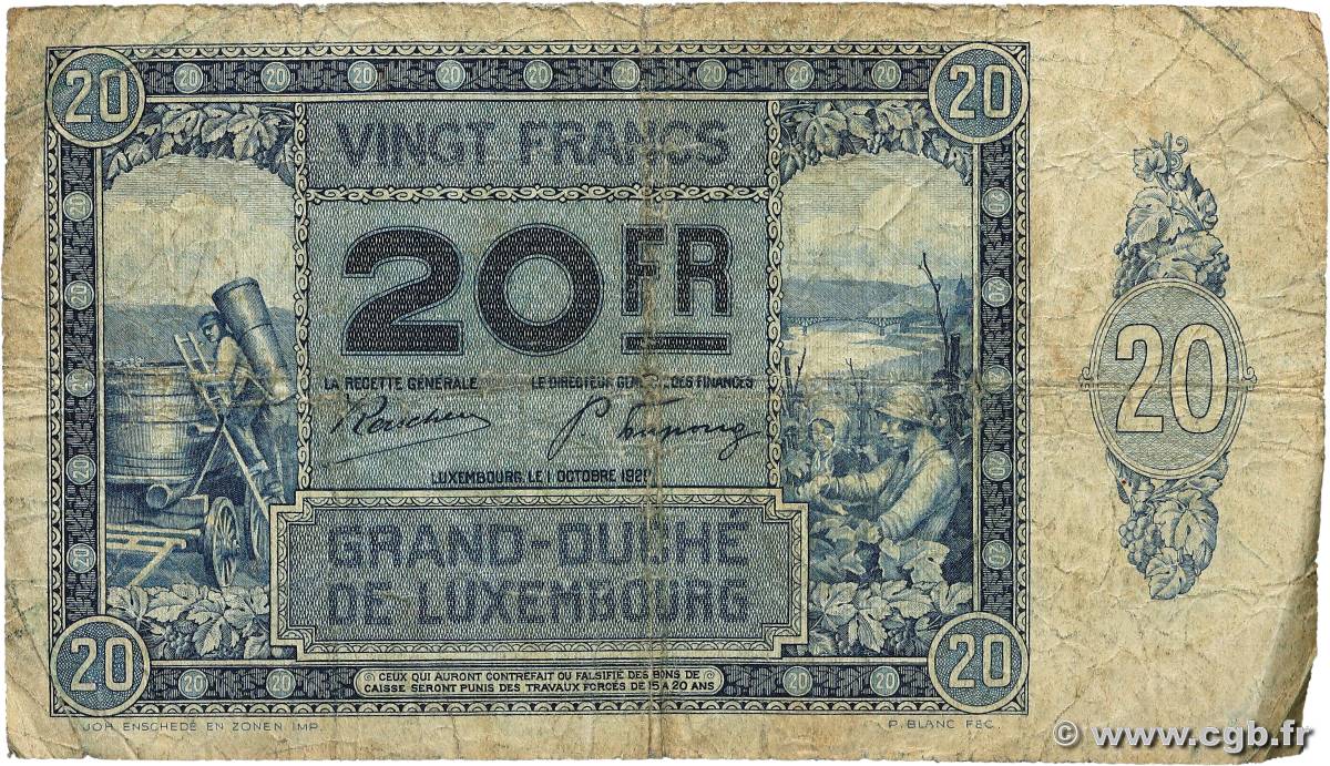 20 Francs LUXEMBOURG  1929 P.37a VG