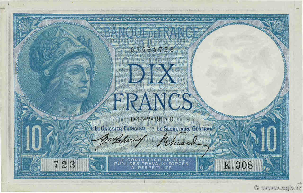 10 Francs MINERVE FRANCE  1916 F.06.01 AU-