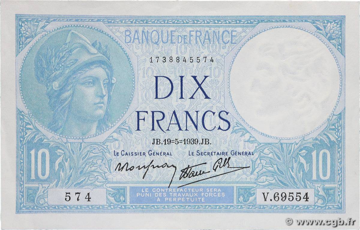 10 Francs MINERVE modifié FRANKREICH  1939 F.07.03 fVZ