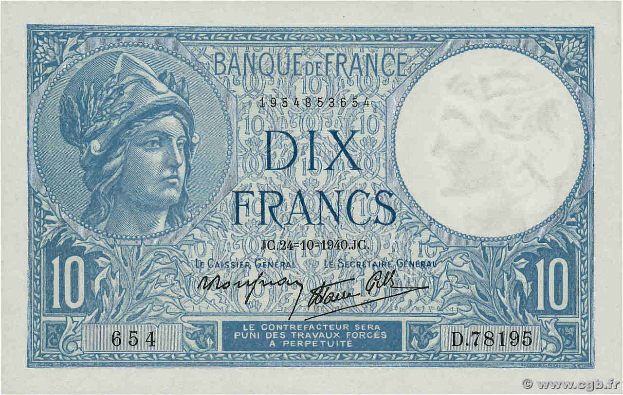 10 Francs MINERVE modifié FRANCE  1940 F.07.18 SPL+