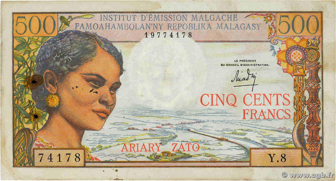 500 Francs - 100 Ariary MADAGASCAR  1966 P.058a pr.TTB