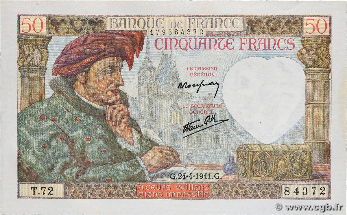 50 Francs JACQUES CŒUR FRANCE  1941 F.19.09 AU+