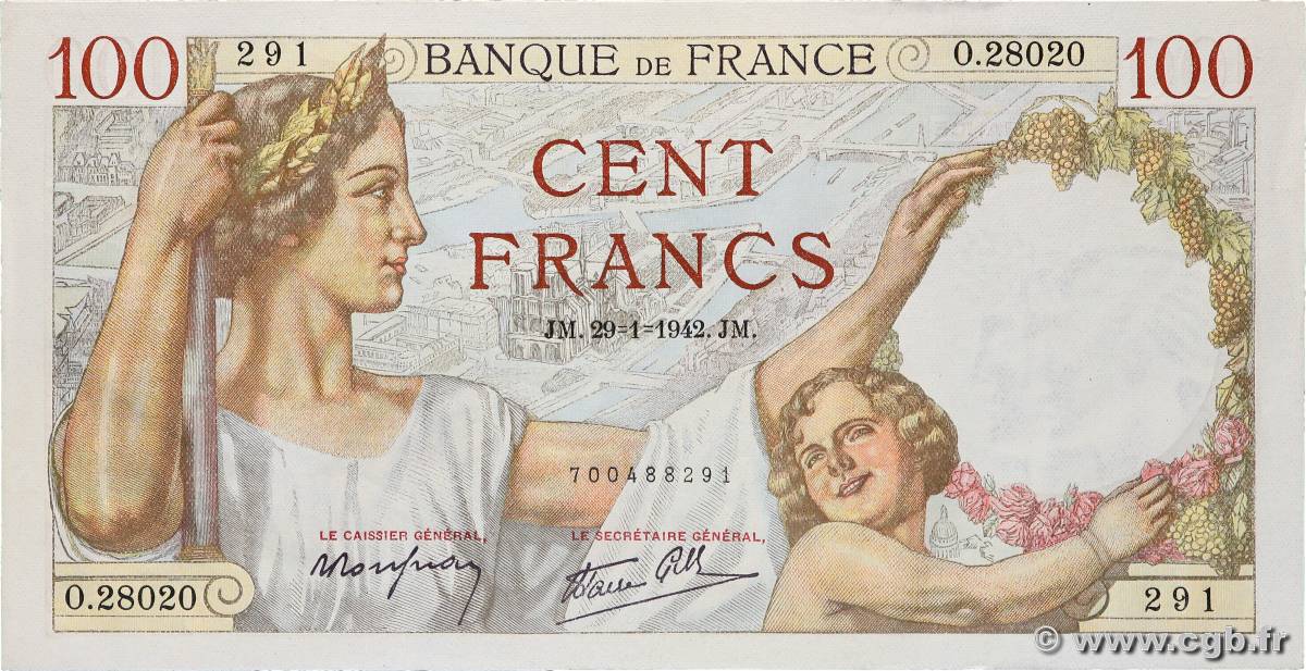 100 Francs SULLY FRANCE  1942 F.26.65 XF+