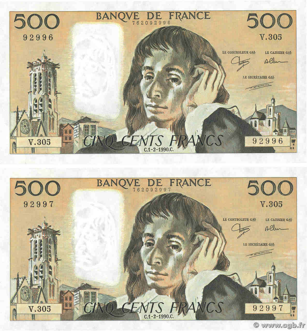 500 Francs PASCAL Consécutifs FRANCE  1990 F.71.43 AU+