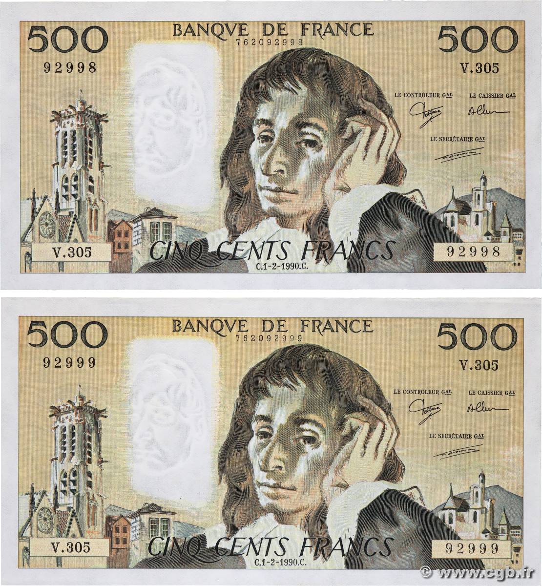 500 Francs PASCAL Consécutifs FRANCE  1990 F.71.43 AU+