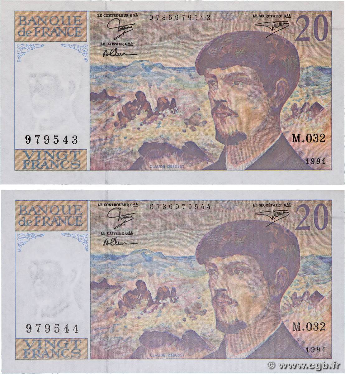 20 Francs DEBUSSY à fil de sécurité Consécutifs FRANCE  1991 F.66bis.02 UNC-