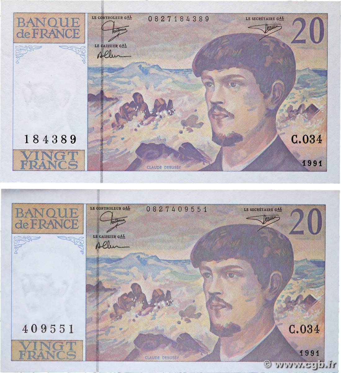 20 Francs DEBUSSY à fil de sécurité Lot FRANCE  1991 F.66bis.02 UNC-