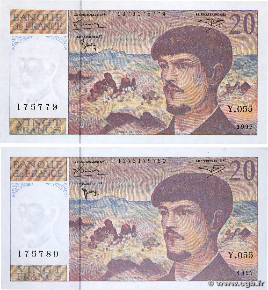 20 Francs DEBUSSY Modifié Consécutifs FRANCE  1997 F.66ter.02 UNC-