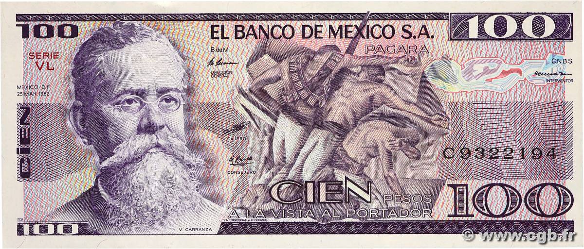 100 Pesos MEXICO  1982 P.074c UNC-