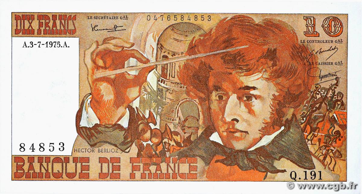 10 Francs BERLIOZ FRANCE  1975 F.63.11 UNC-