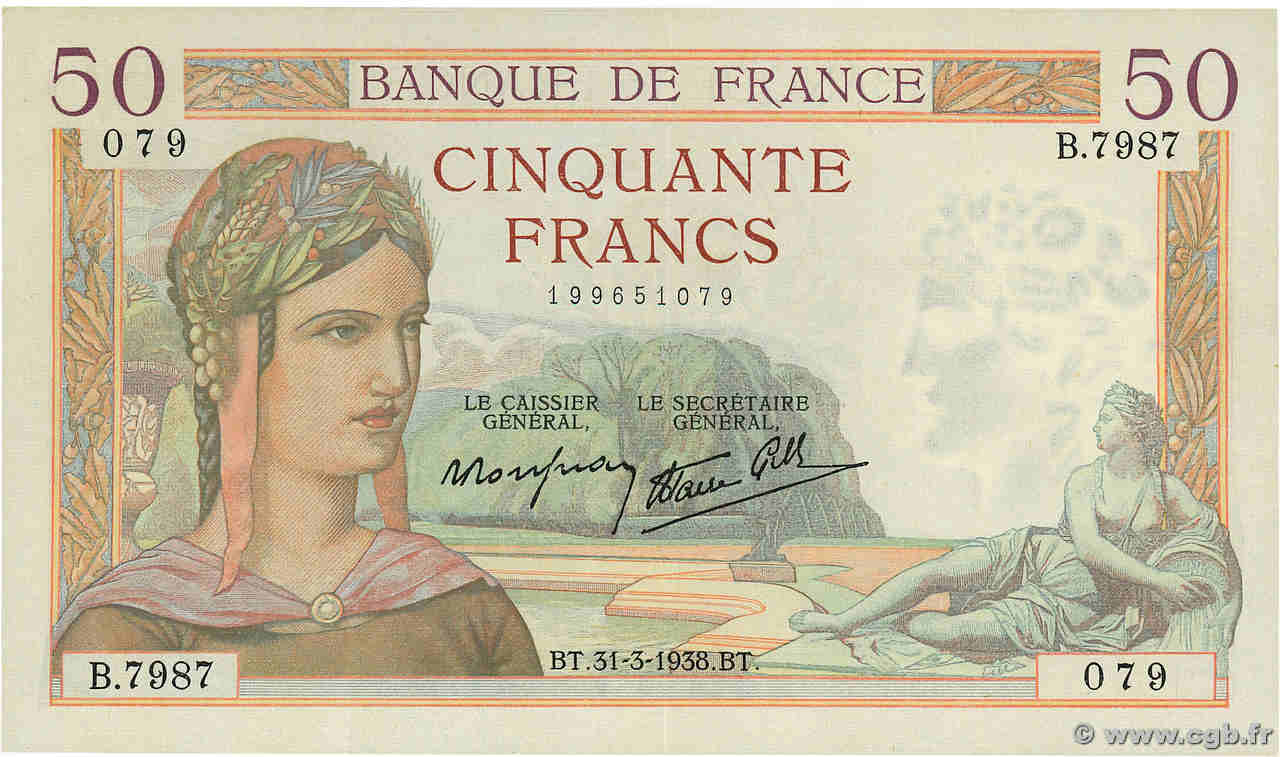50 Francs CÉRÈS modifié FRANKREICH  1938 F.18.11 fVZ