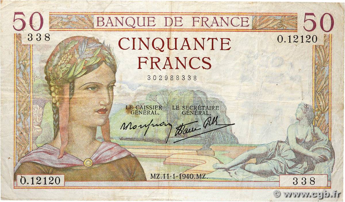 50 Francs CÉRÈS modifié FRANCE  1940 F.18.37 TB