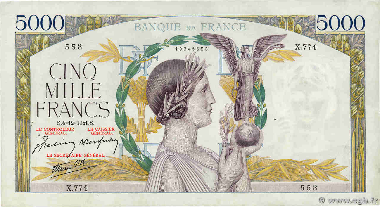 5000 Francs VICTOIRE Impression à plat FRANCE  1941 F.46.30 VF+
