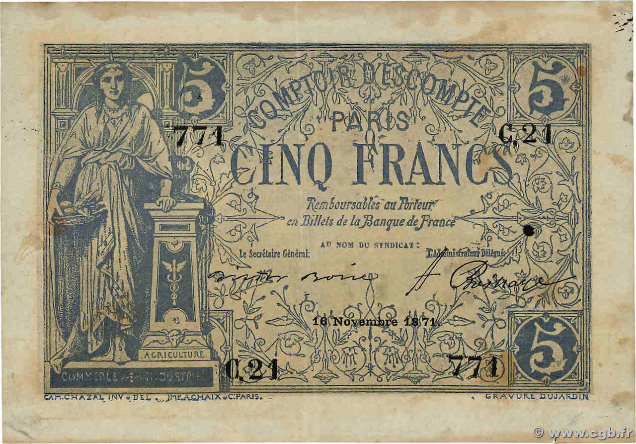 5 Francs FRANCE régionalisme et divers Paris 1871 JER.75.03A TTB
