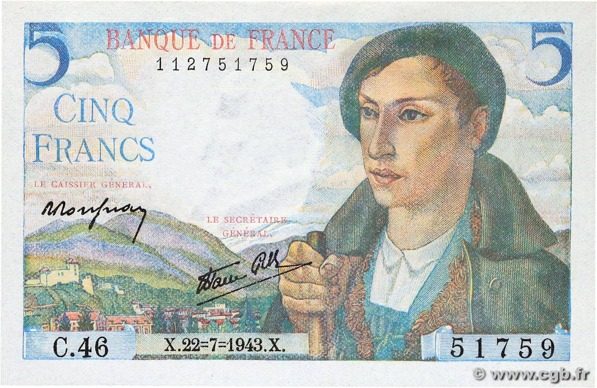 5 Francs BERGER FRANKREICH  1943 F.05.02 ST