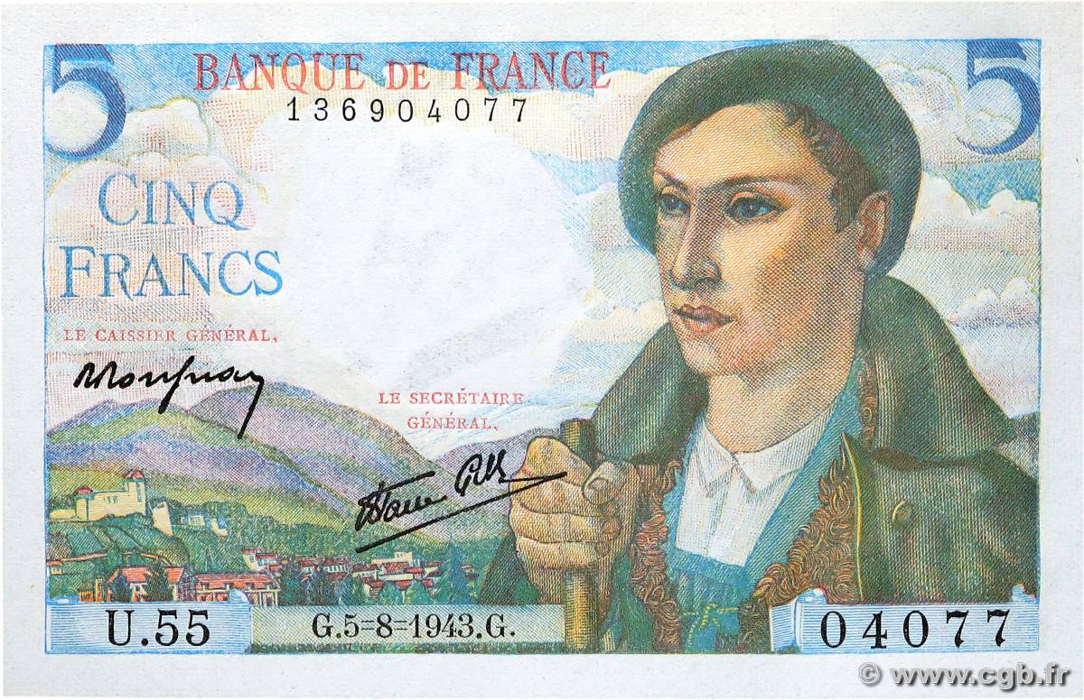 5 Francs BERGER FRANCE  1943 F.05.03 UNC-